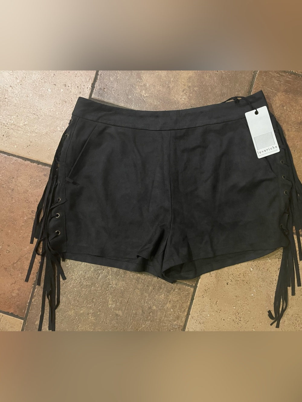 Love Riche Black High-Waist Fringe Lace-Up Shorts